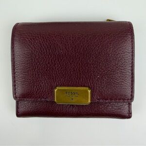 Fossil Burgundy Leather Flap Wallet Organizer Gold Hardware